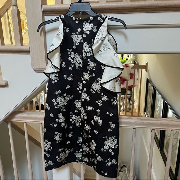 AMUR Jennifer Cold Shoulder Mini Dress in Black White Cherry Blossom Print 2 - Picture 6 of 15